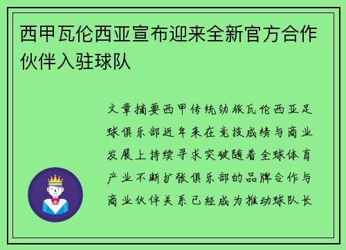 西甲瓦伦西亚宣布迎来全新官方合作伙伴入驻球队