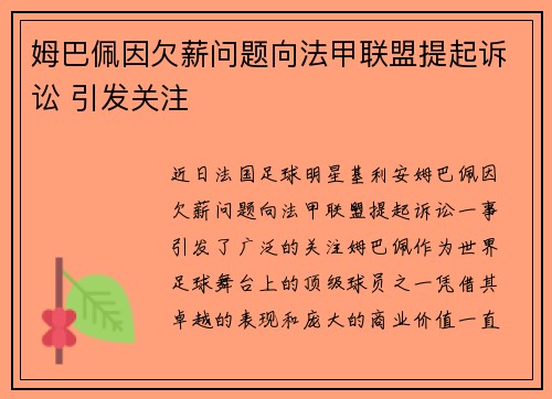 姆巴佩因欠薪问题向法甲联盟提起诉讼 引发关注